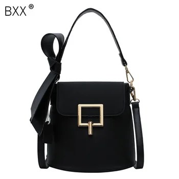 

[BXX] Solid Color PU Leather Shoulder Bucket Bags For Women 2020 Spring High Capacity Handbags and Purses Lady Travel Bag HK740