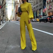 

3 Color Women Spring Turtleneck Jumpsuit Long Sleeve Wide Leg Jumpsuits Autumn Female Solid Polyester Playsuit Overalls S-XL