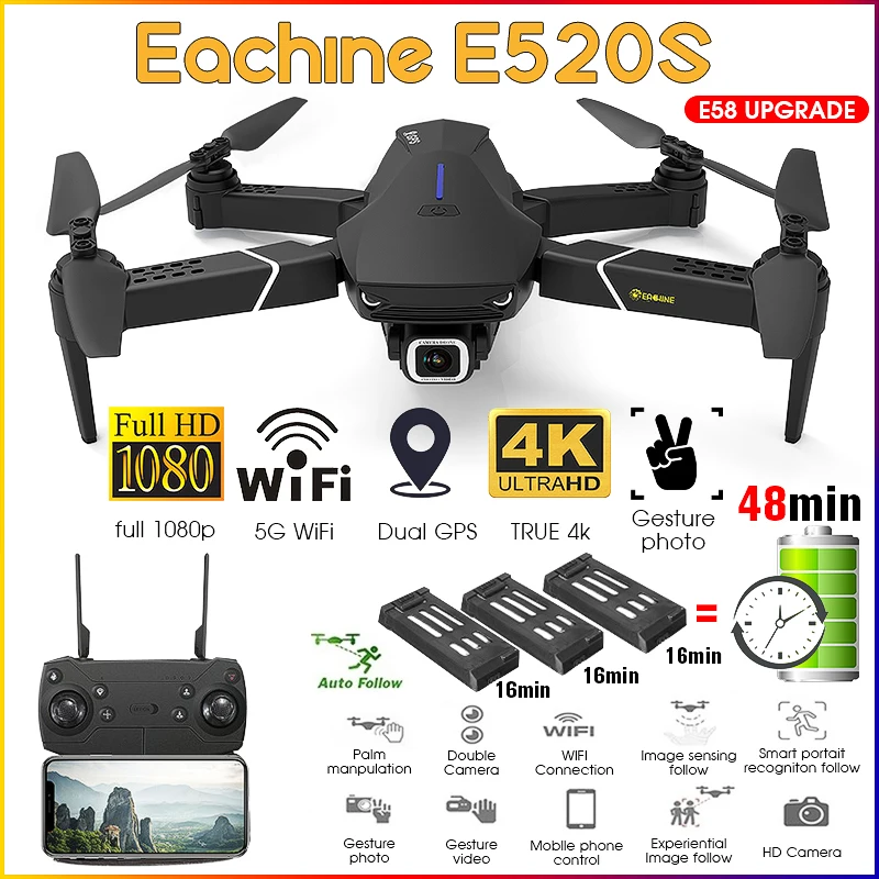 Eachine E520s Rc Quadcopter Drone Helicopter With 4k Profesional Hd Camera  5g Wifi Fpv Racing Gps Wide Angle Foldable Toys Rtf - Rc Quadcopter -  AliExpress