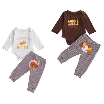 

New Baby Girl Boy Clothes Embroidery Turkey Print 2Pcs Outfits Top Romper Striped Pants Fashion Thanksgiving Festival Clothings