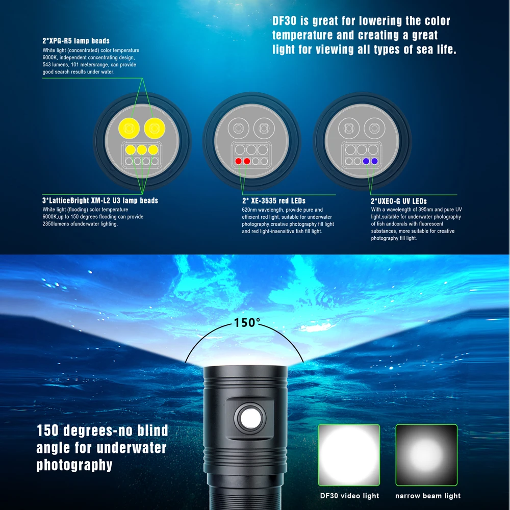 Horas de Tempo de Espera Metros de Profundidade de Mergulho Lanterna à Prova Luz de Preenchimento Mergulho Profissional Lanterna Três-cor 100 Ipx-8 Dwaterproof Água 10 15 de espera, lanterna profissional com três cores