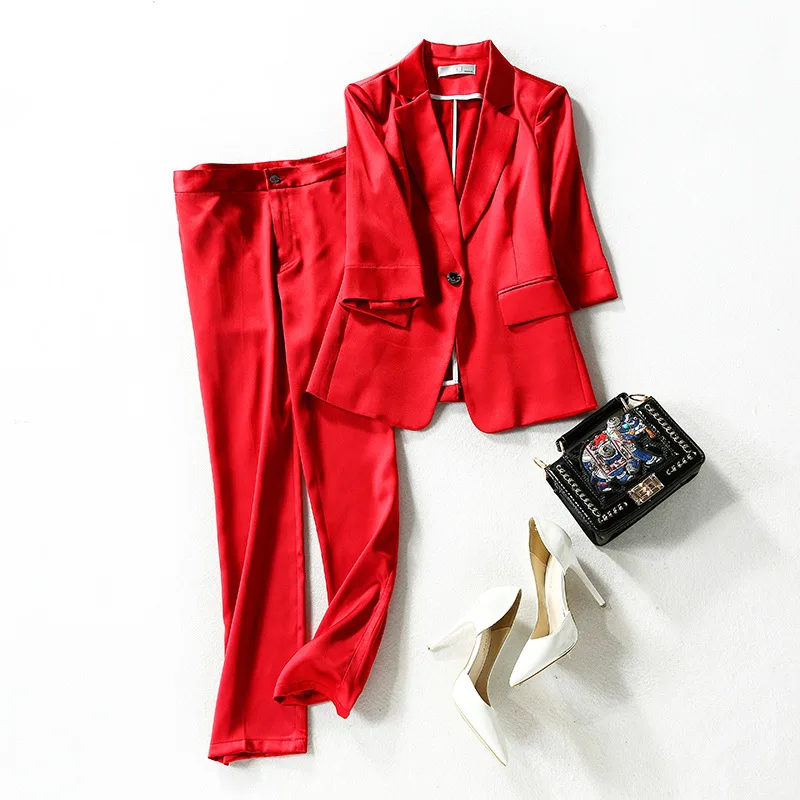 

Pant Suits Ladies Summer 2020 New Solid Colour Two Piece Women's Clothing Set Single Button Blazer Top + Straight Trousers S-XL