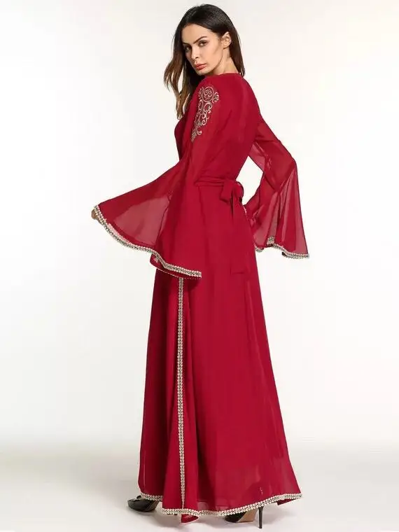Элегантные мусульманские Абаи вышивка, Макси-платье Шифоновая туника ретро-кимоно с длинным халаты Jubah Ближний Восток Арабский исламский RQ682