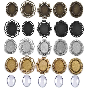 

10pcs/Set Alloy Brooch Base Tray Settings With Glass Cabochons 25mm 18x25mm 30x40mm Round Oval Shaped Blank Jewelry Bases DIY