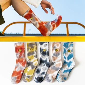 

Tie Dye Men Socks Cotton Skate Socks Women Fashion Smiling Face Embroidery Sports Harajuku Hip Hop Happy Socks Christmas Gifts