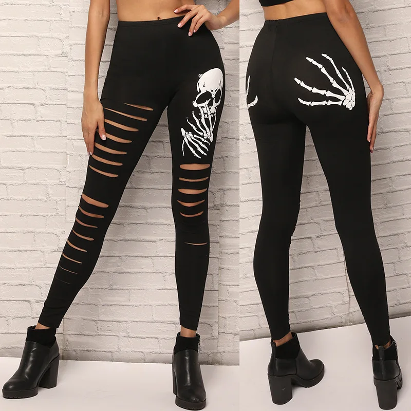 

Fashion Black Leggings Street Personality Skull Print Hole Slim Leggings Outdoor Sports Pants Women Fitness Leggings O5A061