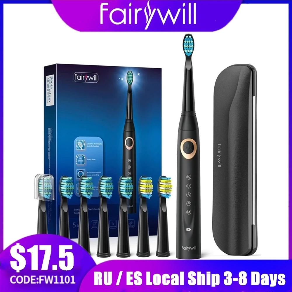 Fairywill – Brosse à dents électrique Sonic FW-508 rechargeable pour adulte,appareil de soins bucco-dentaires à charge rapide avec minuterie, 8 têtes, 5 modes de nettoyage,