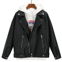 FAKUNTN 2021 New Arrival Women Winter Leather Jacket Oversized Boyfriend Korean Style Female Faux Coat Outwear Black Bike Jacket