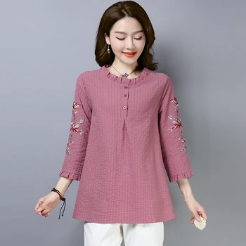 

COIGARSAM 4XL Plus Size Casual Embroidery blouse women New Cotton Linen Ruffled blusas womens tops and blouses White Pink 8668