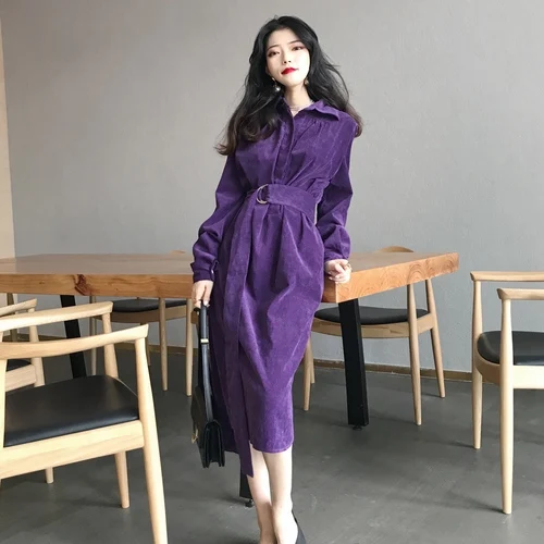 New Retro Slim Lapels Women Corduroy Dress Autumn Winter Female Turn Down Collar A-line Long Dresses With Sashes Ka148 New Retro Slim Lapels Women Corduroy Dress Autumn Winter Female Turn Down Collar A-line Long Dresses With Sashes Ka148