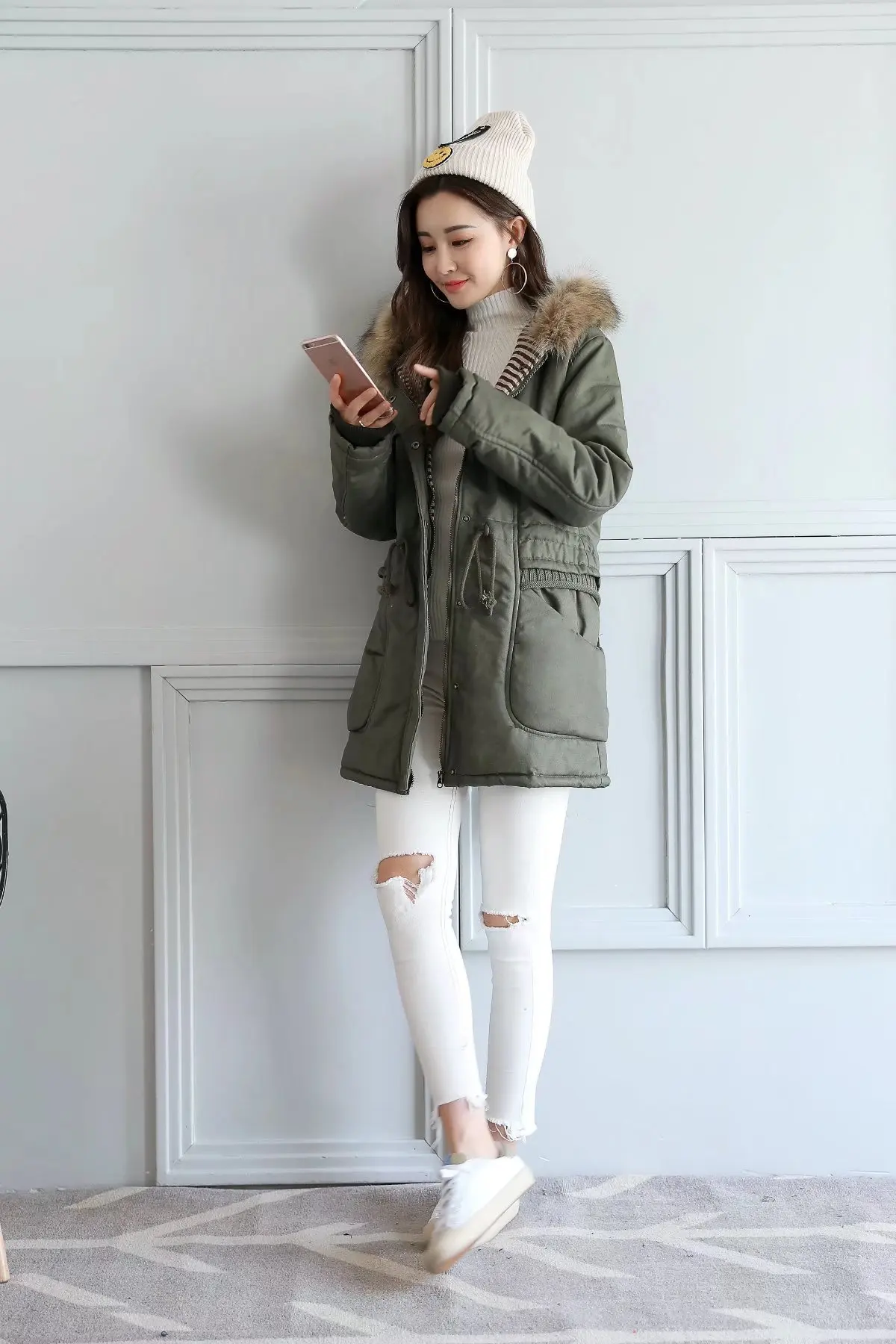 

2017 Winter New Style Korean-style Slim Fit Slimming Hooded Mid-length Pocket Thread Drawstring Large Pocket Cotton-padded Cloth