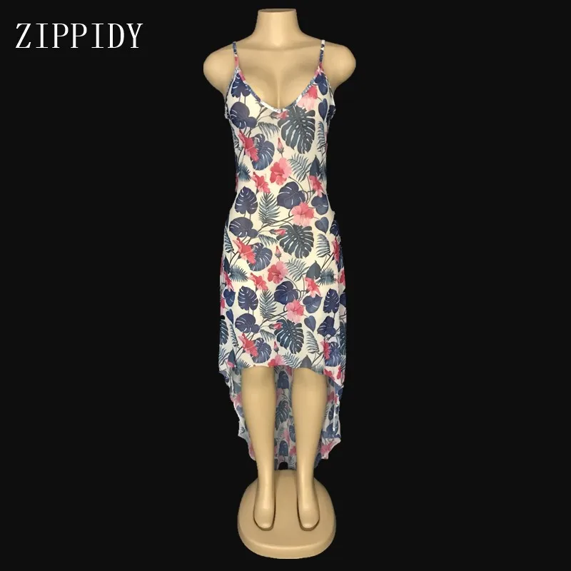 

New Design Printing Flower Pattern Mesh Dress Party Birthday Celebrate Stretch Dress Fashion Stage Dance Singer Costume