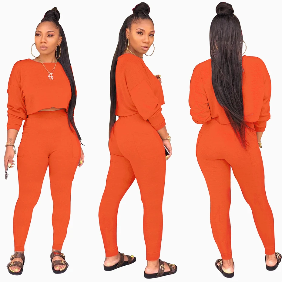 HAOYUAN спортивный костюм с длинными рукавами для Женский комплект 2 шт.; Свободный укороченный топ и брюки; Спортивный костюм; осенняя одежда; комплект из двух предметов; одинаковые комплекты - Цвет: Оранжевый