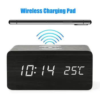 

Multicolor Sound Control Wooden Wood Square LED Alarm Clock Desktop Table Digital Thermometer Wood USB/AAA Date Display