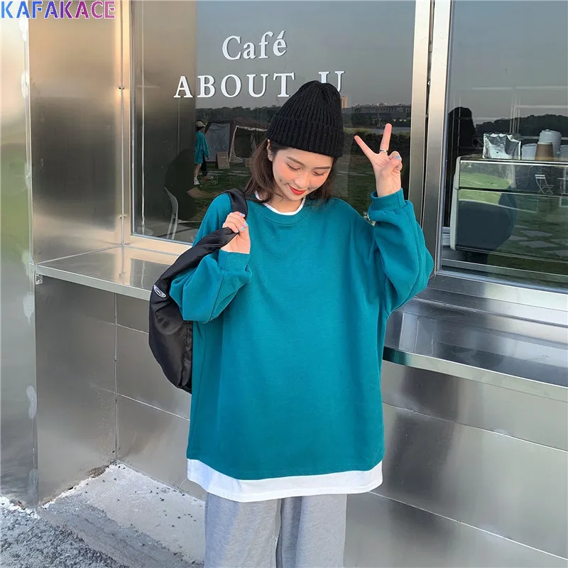

KAFAKACE Women Hoodies & Sweatshirts Spliced Fake Two-Piece Solid Tops&Tees Casual Hoodies Long Sleeve Sweatshirts New Pullover
