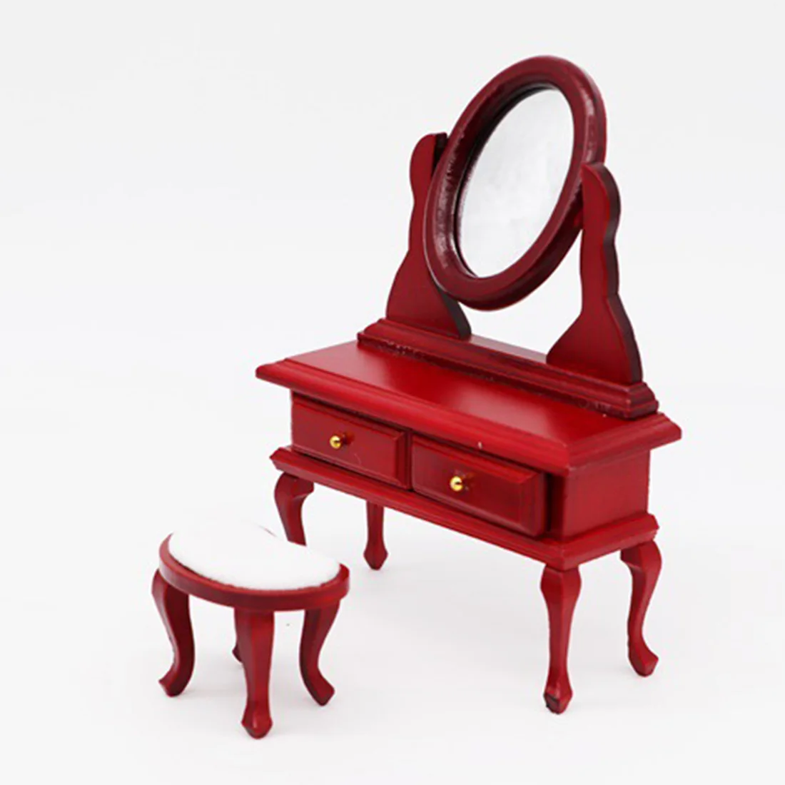  1/12 Scale Miniature Dollhouse Pocket Dressing Table Stool Set - Mahogany Colour