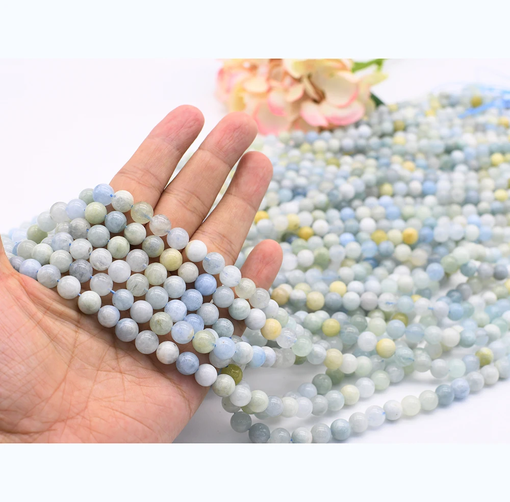 6-12mm Natural Smooth Mix Aquamarine Round stone Beads For DIY necklace bracelet jewelry make 15 