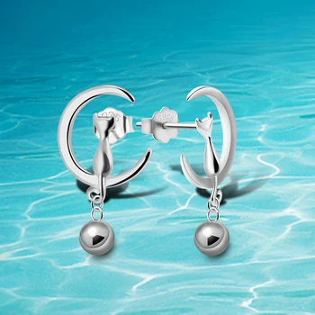 

Real 925 Sterling Silver Stud Earrings For Women, Cute Cat Moon Bell Earrings Girls Sweet Earrings Holiday Gifts