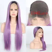 BM черный корнями фиолетовый синтетический 13*6 Большой Кружева передние парики прямые Термостойкие волокна волос боковое расставание для женщин ежедневный парик