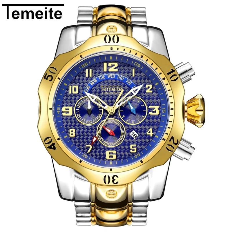 gold 2 TEMEITE Relogio мужские спортивные часы мужские модные золотые мужские s часы лучший бренд класса люкс водонепроницаемые спортив - Цвет: gold 2
