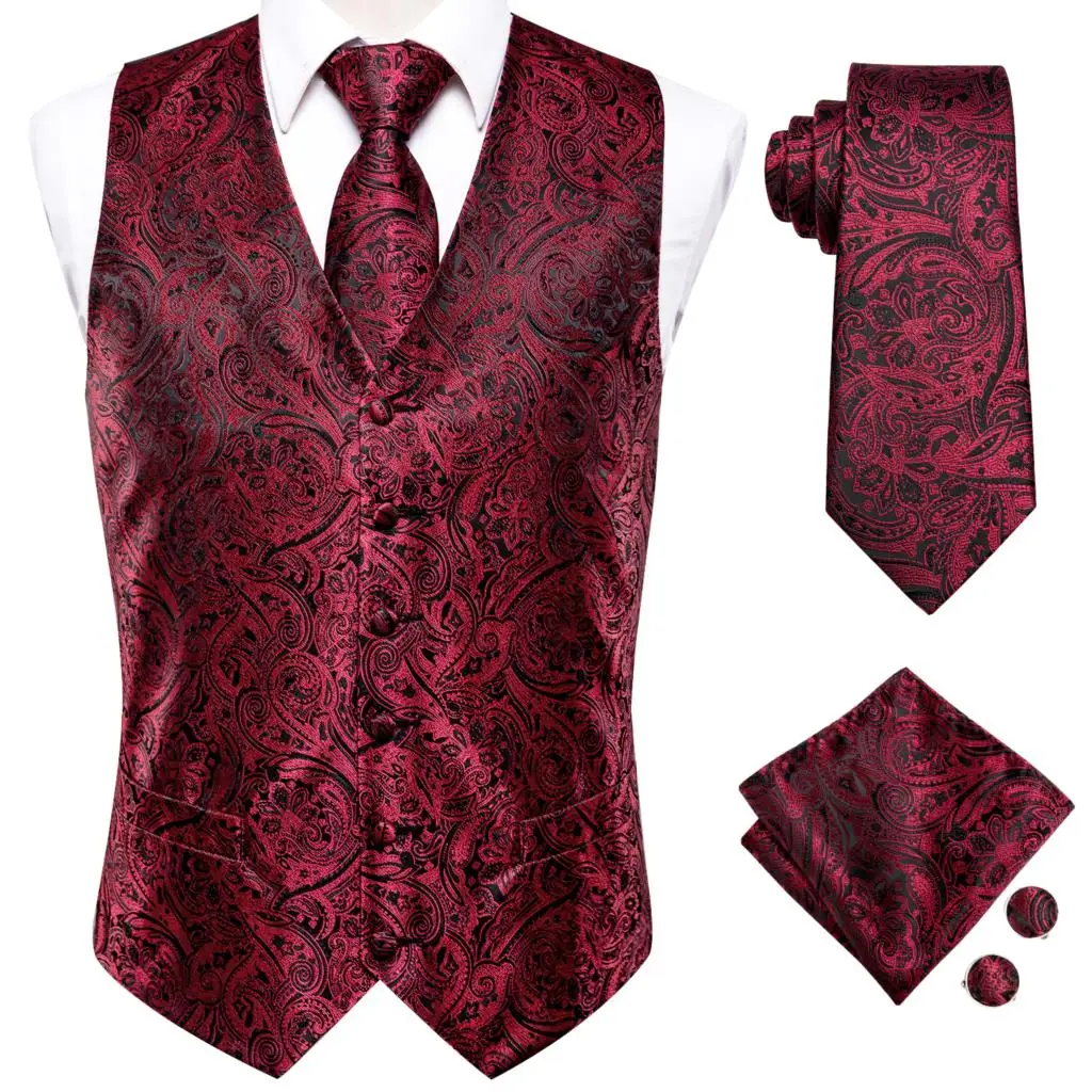 Hi-Tie Burgundy Paisley Floral Silk Men's Slim Waistcoat Necktie Set For Suit Dress Wedding 4PCS Vest Necktie Hanky Cufflink Set mens suit dress vests