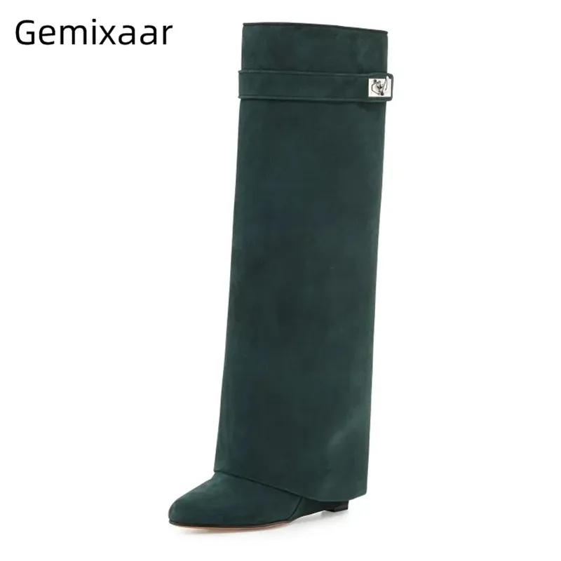 

Green Suede Boots Women Fold-over Knee High Bottes Round Toe High Wedges Heel Walking Shoes Fashion Belt Buckle Boots Women 42