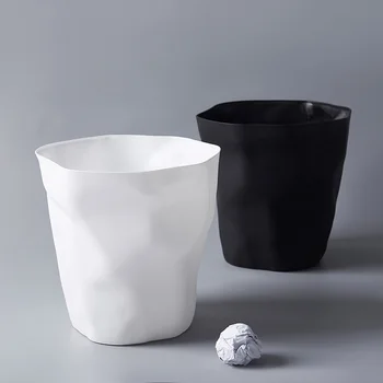 

Trash Can Simple Home Unfolded Wrinkle-Shaped Paper Basket Bucket Personalized Design Plastic Office Trash Can