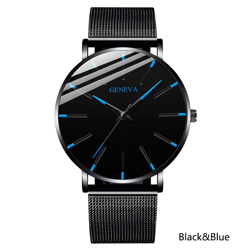 black blue Мужские деловые ультра тонкие часы, Роскошные мужские часы с сетчатым ремешком из нержавеющей стали, повседневные Аналоговые Спортивные кварцевые наручные часы Herren Uhren - Цвет: black blue