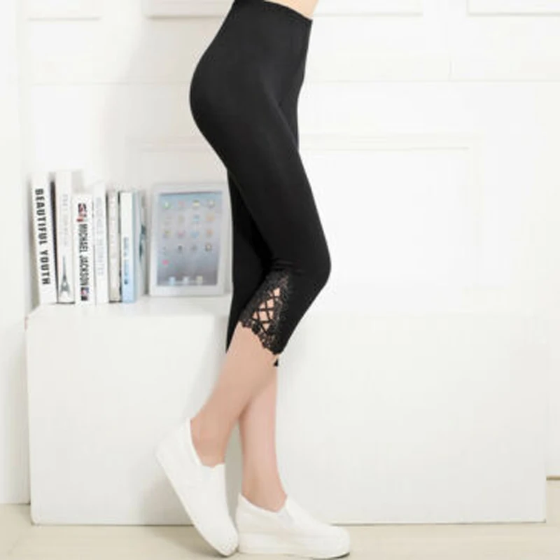Women Solid Lace Decor 3/4 Modal Cotton Capri Legging Pant Summer Clothes One Size Women Solid Lace Decor 3/4 Modal Cotton Capri Legging Pant Summer Clothes One Size