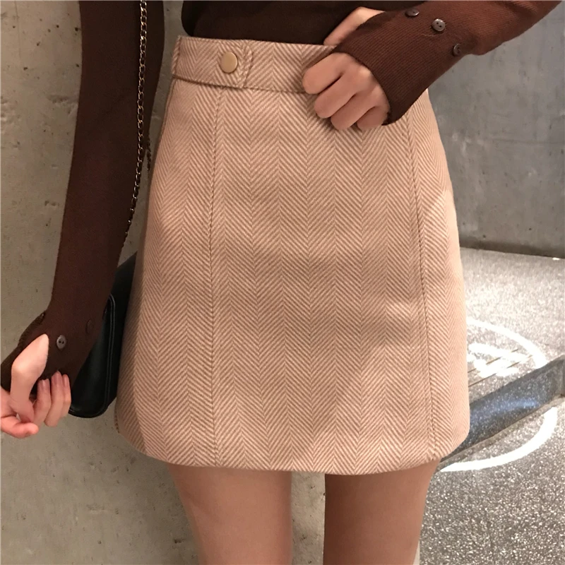 pink skirt Шикарная мини-юбка в полоску, женская повседневная короткая облегающая шерстяная юбка на пуговицах с высокой талией, женские юбки, Корейская Осенняя зимняя Gonne Donna - Цвет: pink skirt