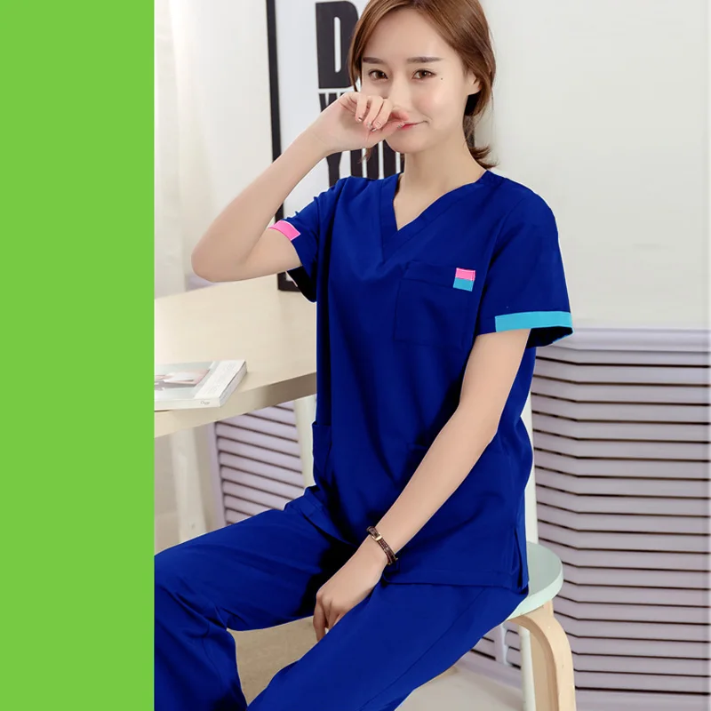 [SET] Women's Fashion Scrubs Set V Neck Contrasting Color Design Pure Cotton Top + Pants