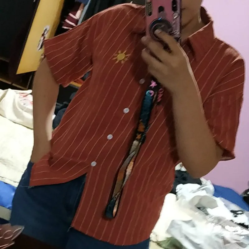 short sleeve caramel Woherb, Женская Полосатая блуза Kawaii, с Лунной вышивкой, корейские женские топы, блузы, Повседневная льняная рубашка с рукавом «летучая мышь», 20824 - Цвет: short sleeve caramel