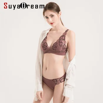 

SUYADREAM 2020 Bra Set 100%Real Silk and Floral Lace Wire Free Comfort Bras and Panties Thin padded Healthy Underwears