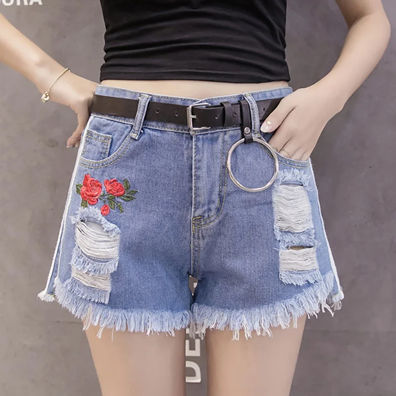Pantalones Cortos De Mezclilla De Las Mujeres Rasgado Bordado