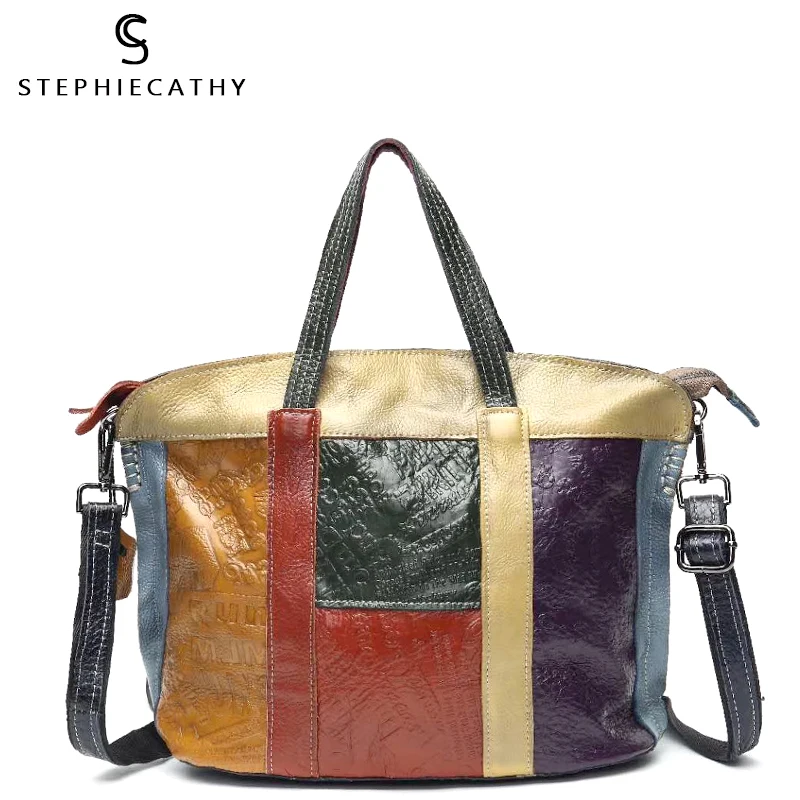 

SC Large Women Cow Leather Tote Female Vintage Top-handle HandBag Geometric Colorful Leather Patchwork Shoulder&Crossbody Bags