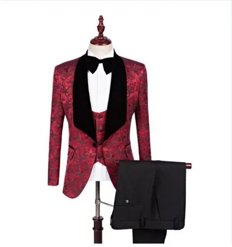 

(jacket+pants+vest)men Wedding Suit Red Groom Tuxedo Stage Costumes For Singer Custom Made Male Suit With Pants Best Man Blazer
