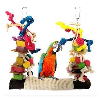 Parrot Chewing Bite Hanging Cage Pet Bird Parrot Chew Toy Bird Perch Leather Colorful Wood Building Block Cotton Rope Big Swing