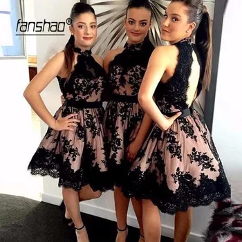 

Peach Black Lace Elegant Homecoming Dresses Halter Backless Short Tulle Lace Beaded Party Plus Size Cocktail Dresses