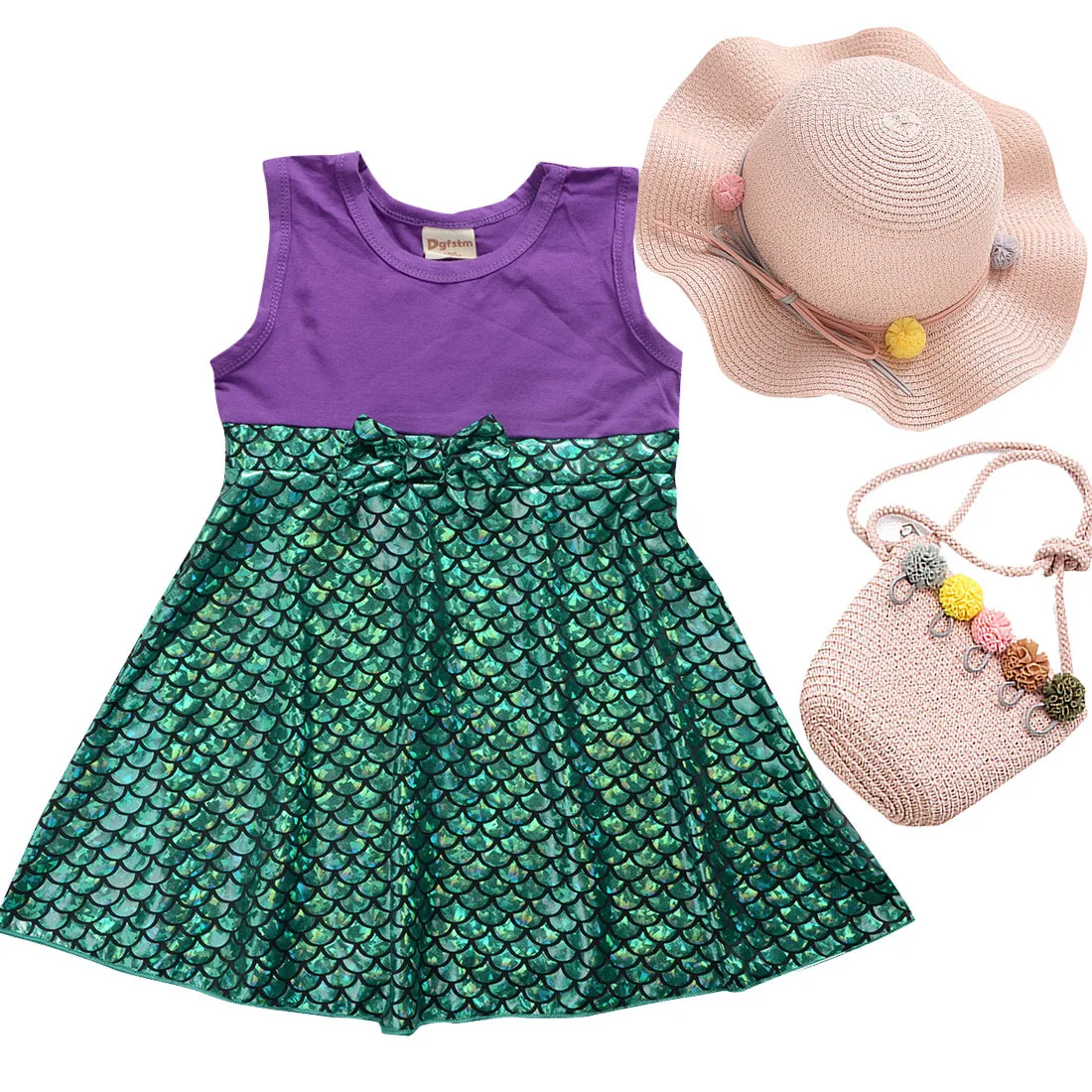 New Summer Lovely Kids Girls Dress Children Clothes Short Cartoon Mermaid Princess Dress Girls Casual Dress Pretty Hat With Bag