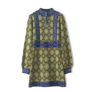 

Long Sleeve Pullover Dress Spring Autumn Jacquard Geometrical Knitted Tops Vintage Diamond Button Women's Sweater Dress TA1195