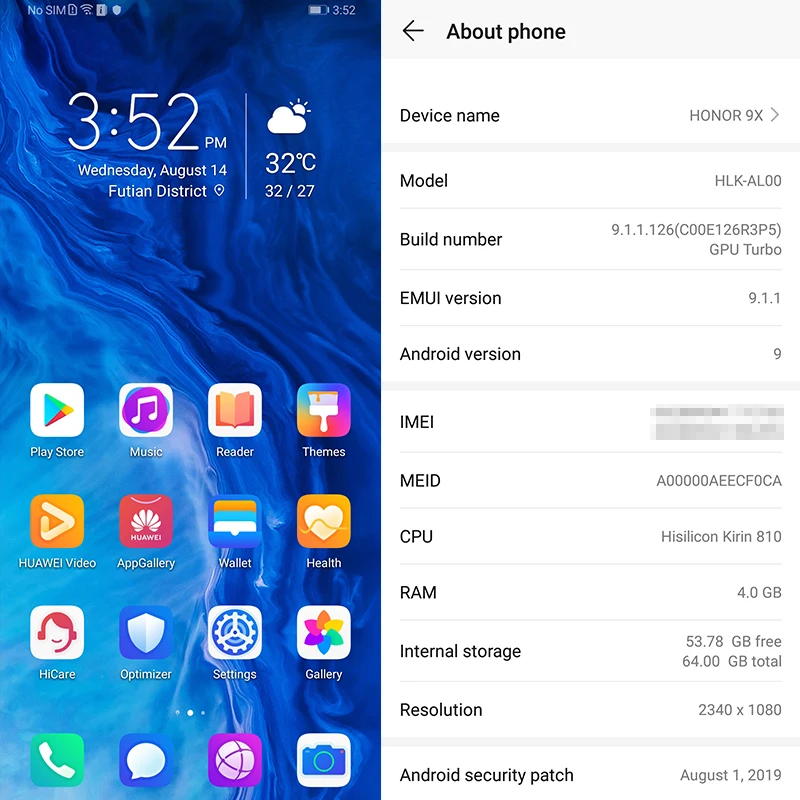 Honor 9X9X4 ГБ, 64 ГБ, Восьмиядерный процессор Kirin 810, 48 МП, двойная камера, 6,59 дюйма, 16 МП, фронтальная камера, 4000 мАч, аккумулятор, мобильный телефон