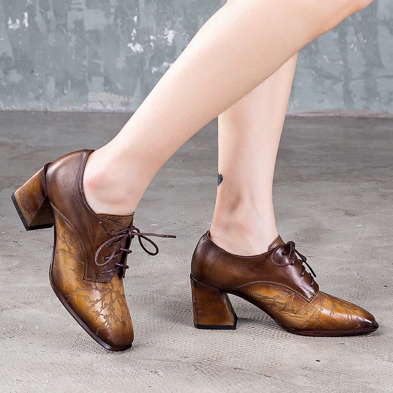 

Tenige Handmade Pattern Genuine Leather Women's Wipe Color System Belt Single Shoes High Heels