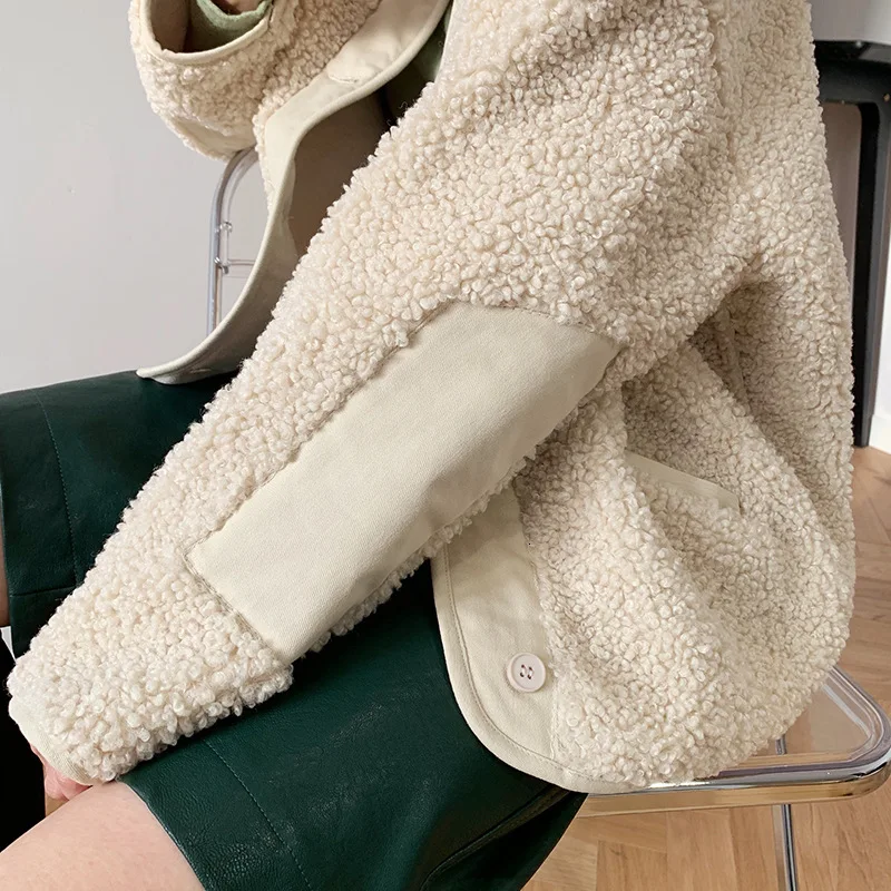 Lamb Wool Jacket Woman Short Thickening Fashion Casual Loose Warm Long Sleeve Coat