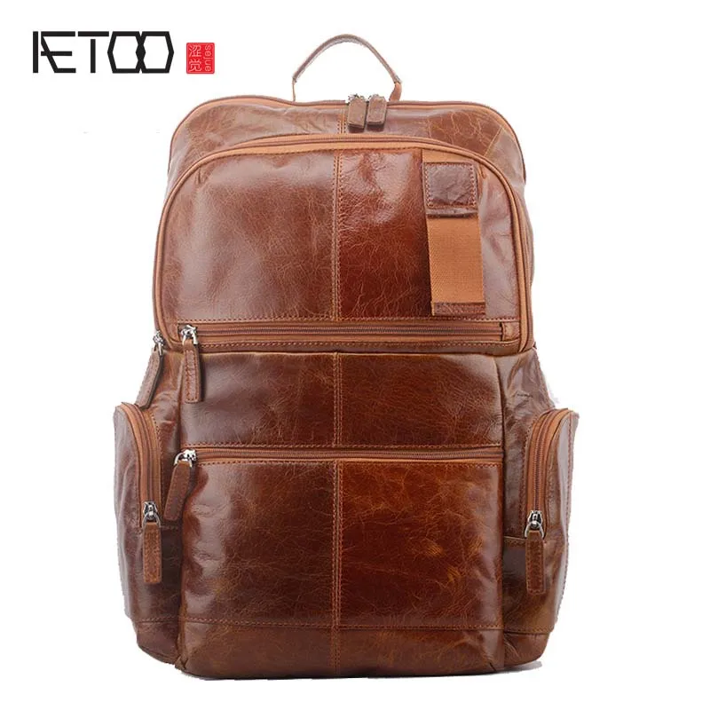 

BJYL New men's shoulder bag leisure travel large capacity first layer oil wax leather backpack men