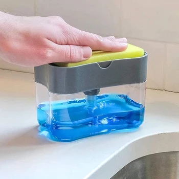 

Soap Pump Dispenser Kitchen Cleaner Tool with Sponge Holder Cleaning Liquid Dispenser Container Manual Press Soap Organizer