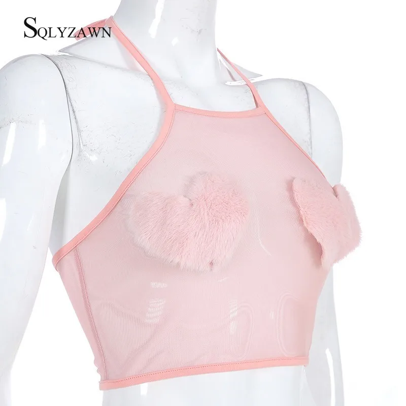 Sexy Sweet Mesh Pink Transparent Halter Crop Top Women Fleece Heart Backless Camis Streetwear Gothic Club Bralette Clothing