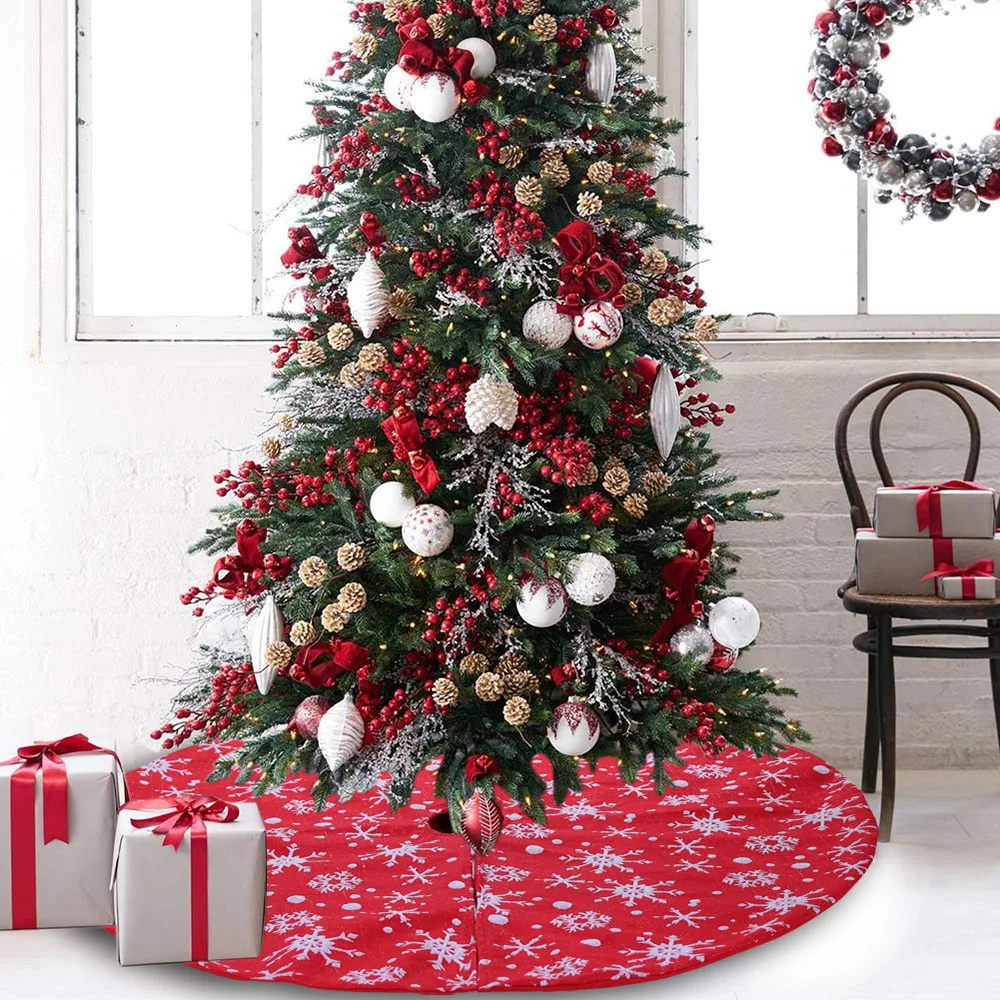 1Pc Round Red Brushed Cloth Snowflake Christmas Tree Skirt Rug New Year Christmas Tree Bottom Decoration Apron Scene Layout