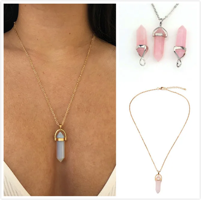 

2019 New Hexagonal Column Quartz Necklaces Pendants Fashion Natural Stone Bullet Pink Crystal Choker Necklaces For Women Jewelry