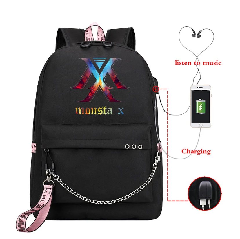 Рюкзак MONSTA X с usb-зарядкой школьная сумка в стиле Kpop для девочек детей студентов