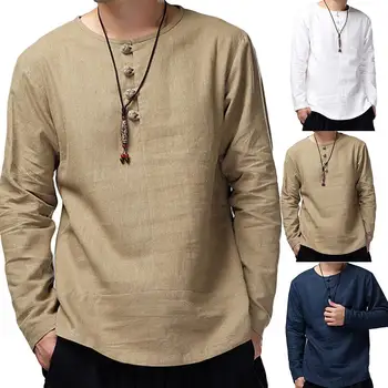 

Men Casual Solid Color Long Sleeve O Neck Buttons Cotton Loose Pullover Shirt